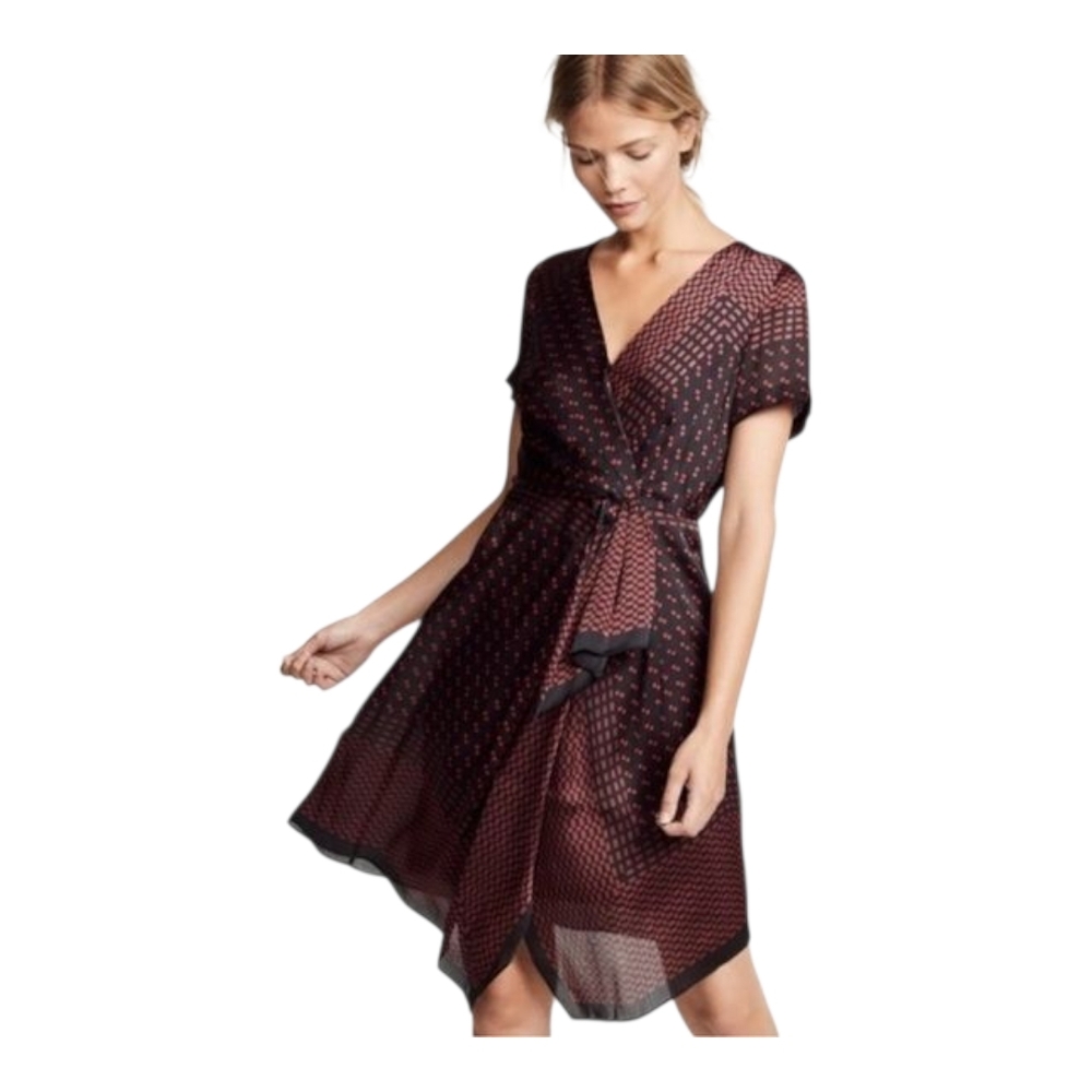 Club Monaco Tarteen Scarf Print Dress 6 Burgundy & Black Asymetrical Hemline